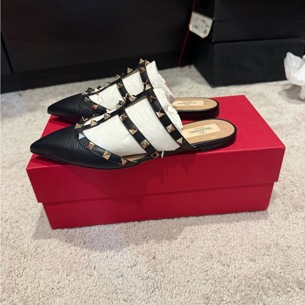 Valentino Black Rockstud Pointed Leather Ballerina Mules
